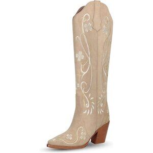 Women's Khaki Knee High Cowgirl Pointed Toe Chunky Heel Embroidery Boots